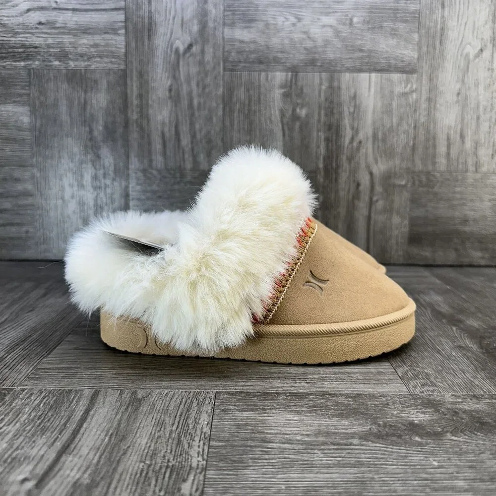 Hurley Kimmie-T Slippers Kids 10 Tan Faux Fur Trim Scuff Cozy‎ NEW